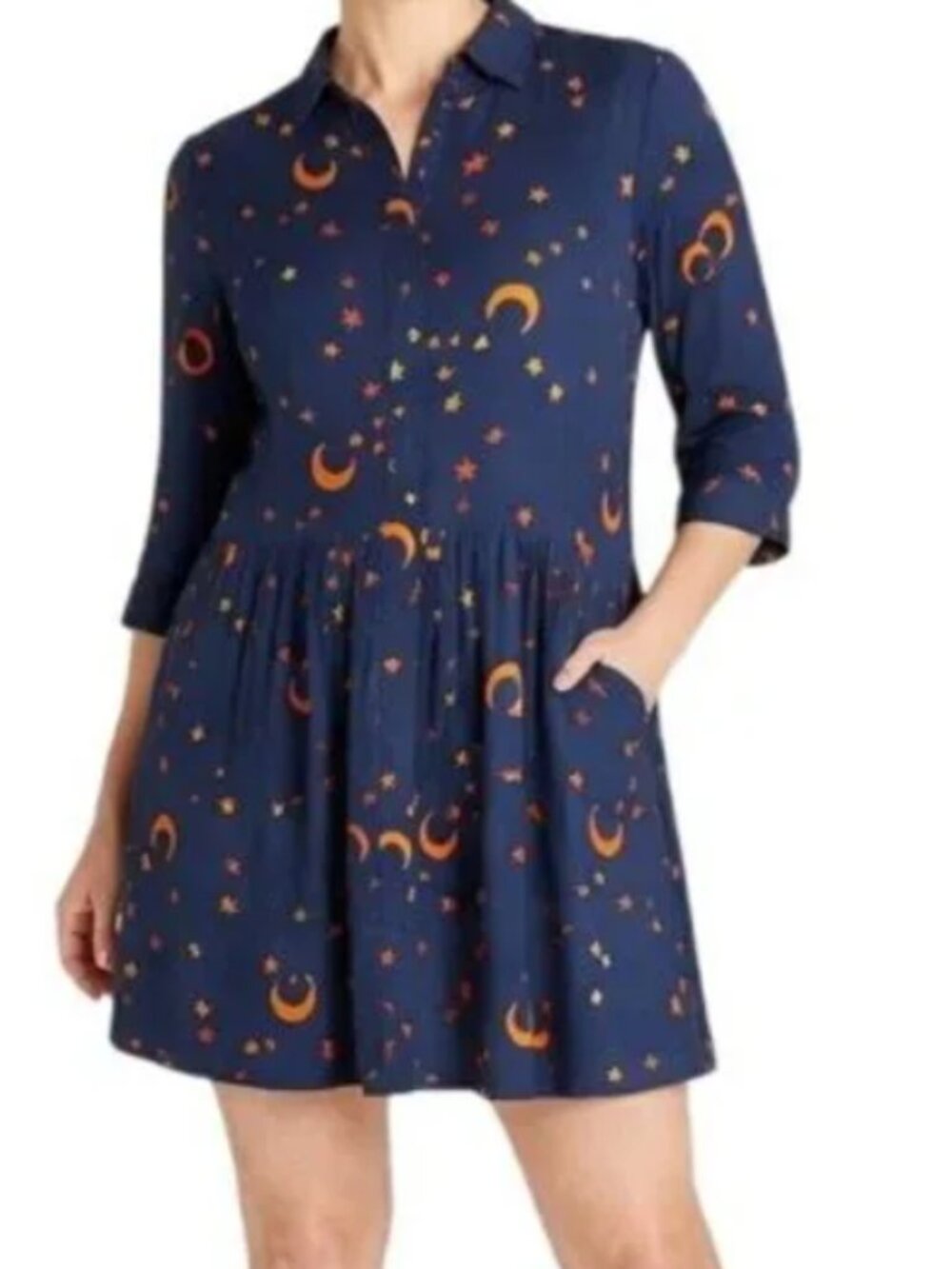 Modcloth / Sugarhill Mini Celestial Shirt Dress  with Pockets, Navy Size 12 UK